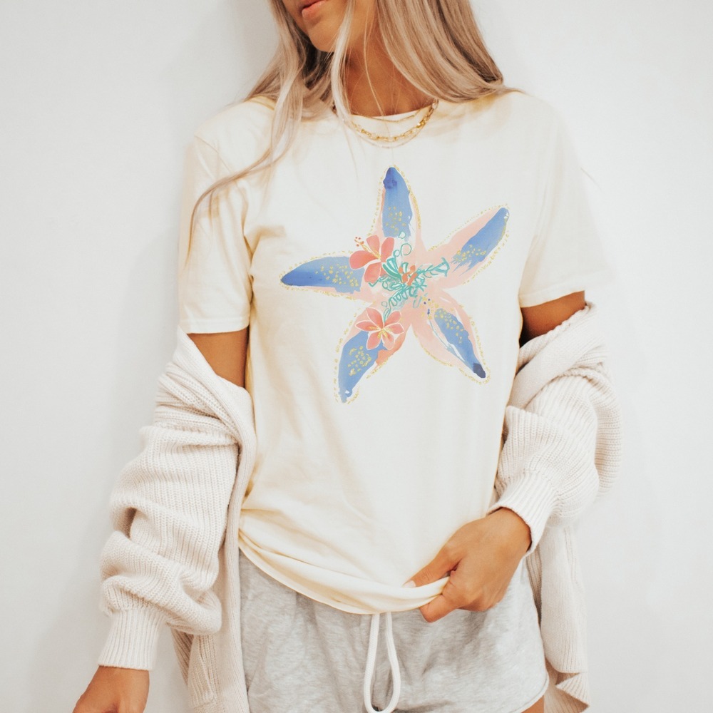 Starfish Watercolor Floral Graphic Tee with Gold Sparkle Design